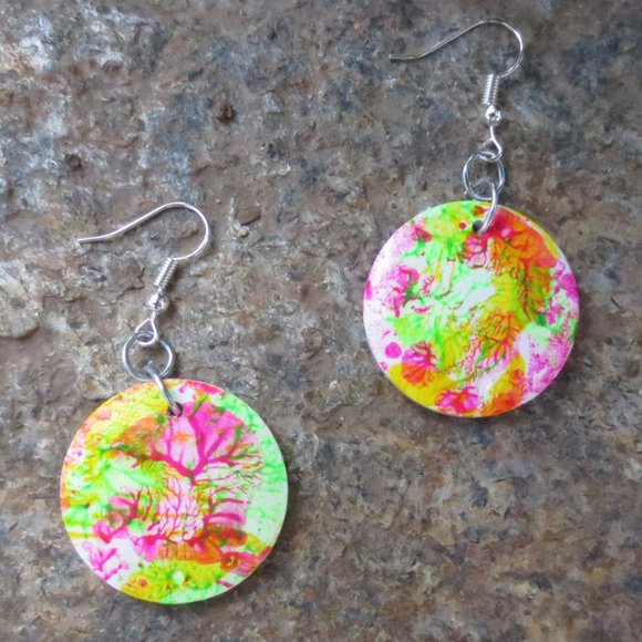 Handcrafted Pierced Earrings Pink Yellow Green Tie Dye Effect Hand Painted Wood - Picture 3 of 8
